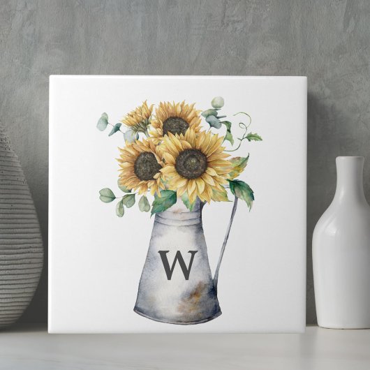 Carreau Vase tournesol automnal rustique monogrammé
