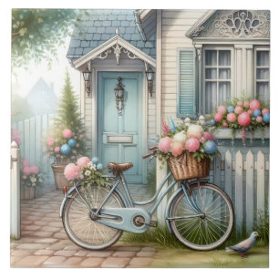 Carreau Vélo de chalet bleu avec panier à fleurs de printe