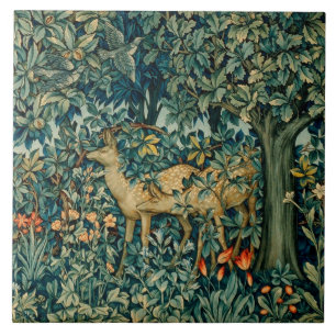 Carreau VERDURE, ANIMAUX FORESTIERS, DOES, OISEAUX Floral