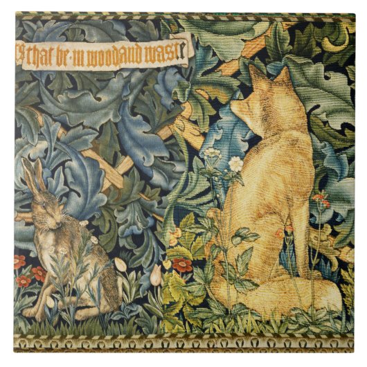 CARREAU VERDURE, ANIMAUX FORESTIERS, FOX ET LIVRE, FLORAL  (Devant)