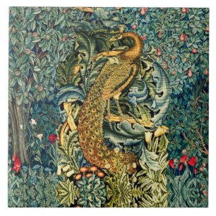 CARREAU VERDURE, ANIMAUX FORESTIERS, PEACOCK EN VERT FLORA