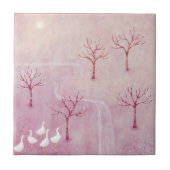 Carreau Verger rose avec peinture paysage d'oies (Devant)