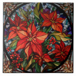 Carreau Verre coloré Style Poinsettias & Holly<br><div class="desc">Vitraux colorés luxuriants aux tons de bijoux style poinsettias rouge profond et saint avec chasseur feuillage vert et or et bordure circulaire noire.</div>