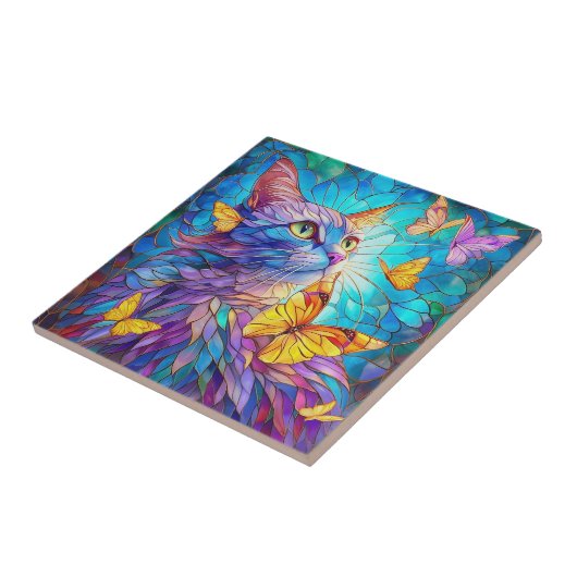 Carreau Verre tendu Chat 730 papillons bleus jaunes (Côté)