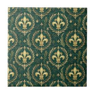 Carreau Vert émeraude et or Crête Motif Royal Damassé