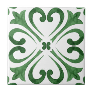 Carreau Vert forêt et floral marocain aquarelle blanc