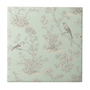 Carreau Vert menthe toile de Jouy française oiseaux et fle