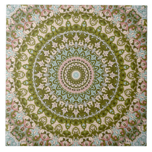 Carreau Vert olive et motif mandala pastel