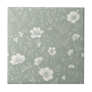Carreau Vert sauge atténué et motif de fleurs sauvages bla