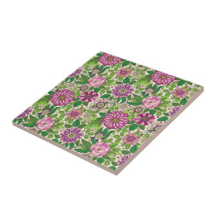 Carreau Vert violet et beige Motif de fleurs rétro