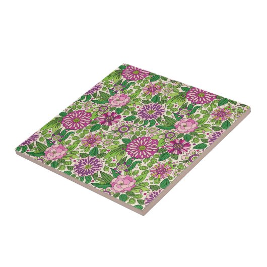 Carreau Vert violet et beige Motif de fleurs rétro (Côté)
