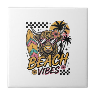 Carreau Vibes de plage vache highland été art vectoriel_1