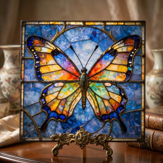Carreau Vibrant Faux Stained Glass Butterfly Mosaic Art