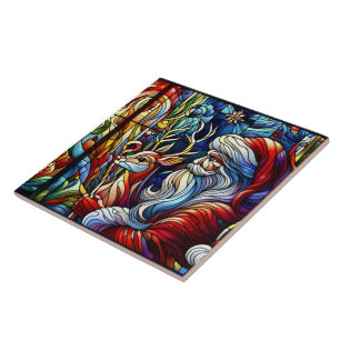 Carreau Vieux vitrail de Père Noël et rennes