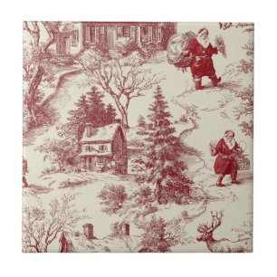 Carreau Village de Noël Toile Rouge Vintage - Père Noël