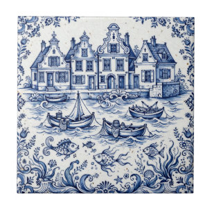 Carreau Ville de Delft & Port de Pêche Bleu Cobalt Blanc