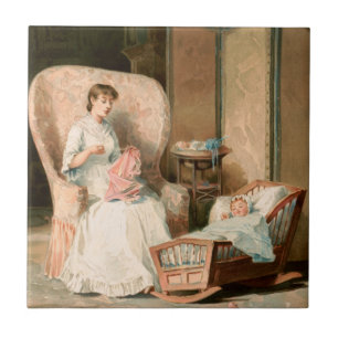 Carreau Vintage 1888 Mère et bébé dormant, restauré