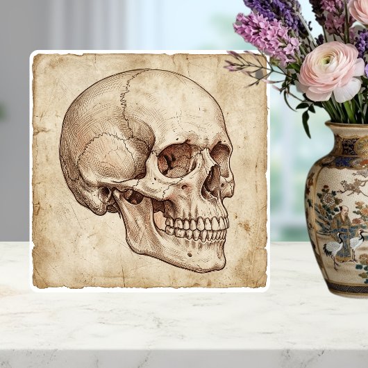 Carreau Vintage Anatomical Skull Ink Drawing Sepia