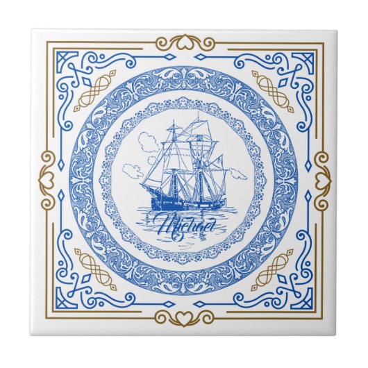Carreau Vintage antique paquebot royal bleu frontière déco (Devant)