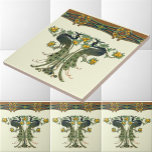 Carreau Vintage Art Nouveau Peacocks & Fruits Frieze<br><div class="desc">Il s'agit d'une numériquement version améliorée d'une ancienne frise de paons et d'arbres fruitiers de 1906 de Mabel Dibble. Vous pouvez customiser la couleur arrière - plan.</div>