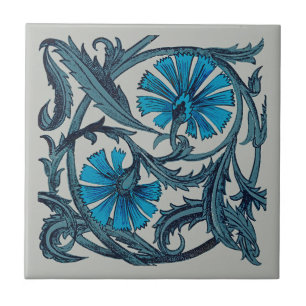 Carreau vintage bleu antique fleurs artisanat rustique