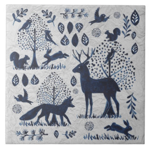 Carreau Vintage Bleu & Blanc Bois Animal Fox Rabbit Ce