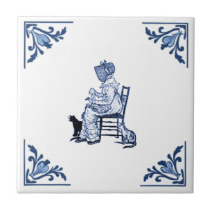 Carreau Vintage Cat Lady Delft Corner Bleu et blanc