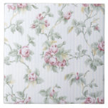 Carreau Vintage chic Rose et raypes<br><div class="desc">Jolie et élégante motif vintage de style français restaurée avec des roses rose pastel avec feuillage vert et or et des vignes entrelacées avec un arrière - plan rayé bleu clair subtil et blanc antique.</div>