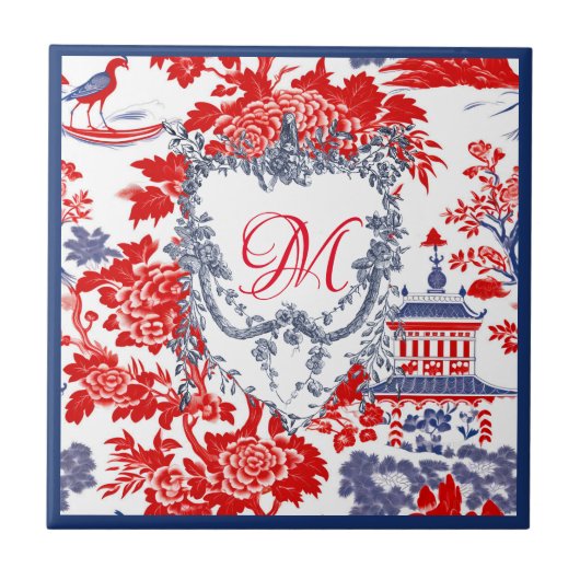 Carreau Vintage Chinoiserie Delft Français rouge bleu mono (Devant)