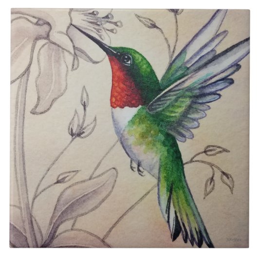 Carreau Vintage Colibri No 6 Aquarelle Art (Devant)