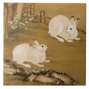 Carreau Vintage d'art chinois Deux lapins blancs Peinture