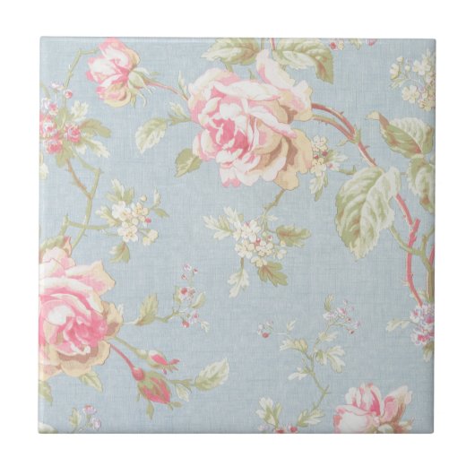 Carreau vintage élégant, bleu clair, rose, motif rose (Devant)