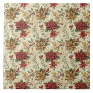 Carreau Vintage Elegant Rouge & Or Poinsettia Floral