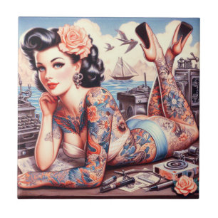 Carreau Vintage fille de l'ancienne école de tatouage