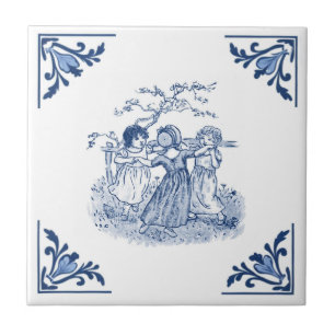Carreau Vintage Filles Danse Anneau Delft Bleu & Blanc