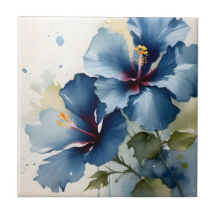 Carreau Vintage joli bleu hibiscus aquarelle peinture