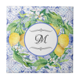 Carreau Vintage Lemon Floral Wreath Bleu Blanc avec monogr