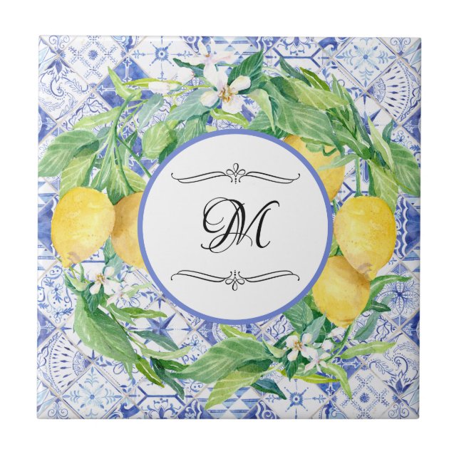 Carreau Vintage Lemon Floral Wreath Bleu Blanc avec monogr (Devant)