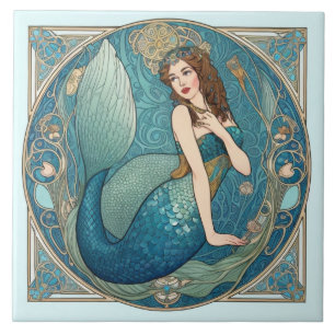 Carreau Vintage Mermaid Art Nouveau Retro Déco Turquoise