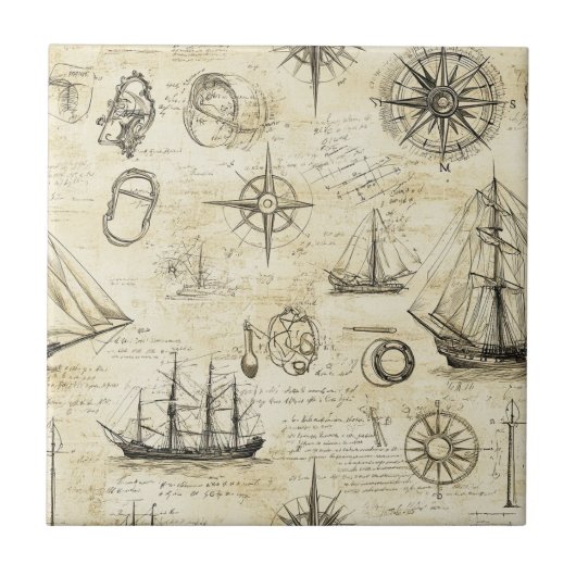 Carreau Vintage Nautical Map Pattern with Ships & Compass (Devant)