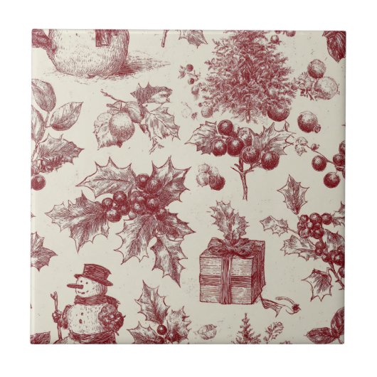 Carreau Vintage Red Toile Christmas Botanical - Holly (Devant)