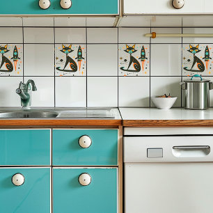 Carreau Vintage Retro MCM Cat vaisseau Stars Planète