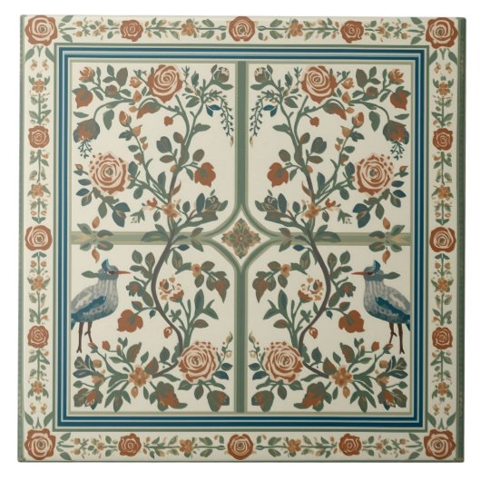 Carreau Vintage Rose Garden Bird Border Pattern (Devant)