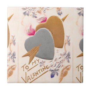 Carreau Vintage Silver & Gold Hearts Valentine Postcard