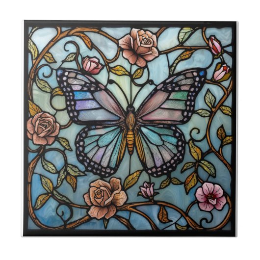 Carreau vintage stain glass blue butterfly art (Devant)
