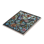 Carreau vintage stain glass blue butterfly art (Côté)