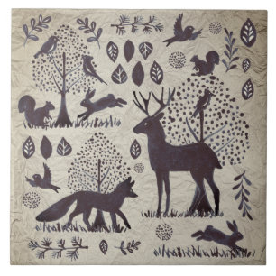 Carreau Vintage Tan Grey Woodland Animal Fox Rabbit