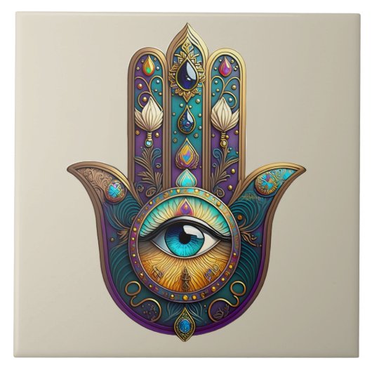 Carreau Violet sarcelle doré Hamsa avec Troisième Œil Turq (Devant)