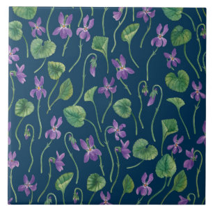 Carreau Violettes à l'aquarelle sur fond bleu