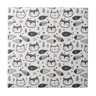 Carreau Visage de Chat Mignon & Motif d'Os de Poisson - Co
